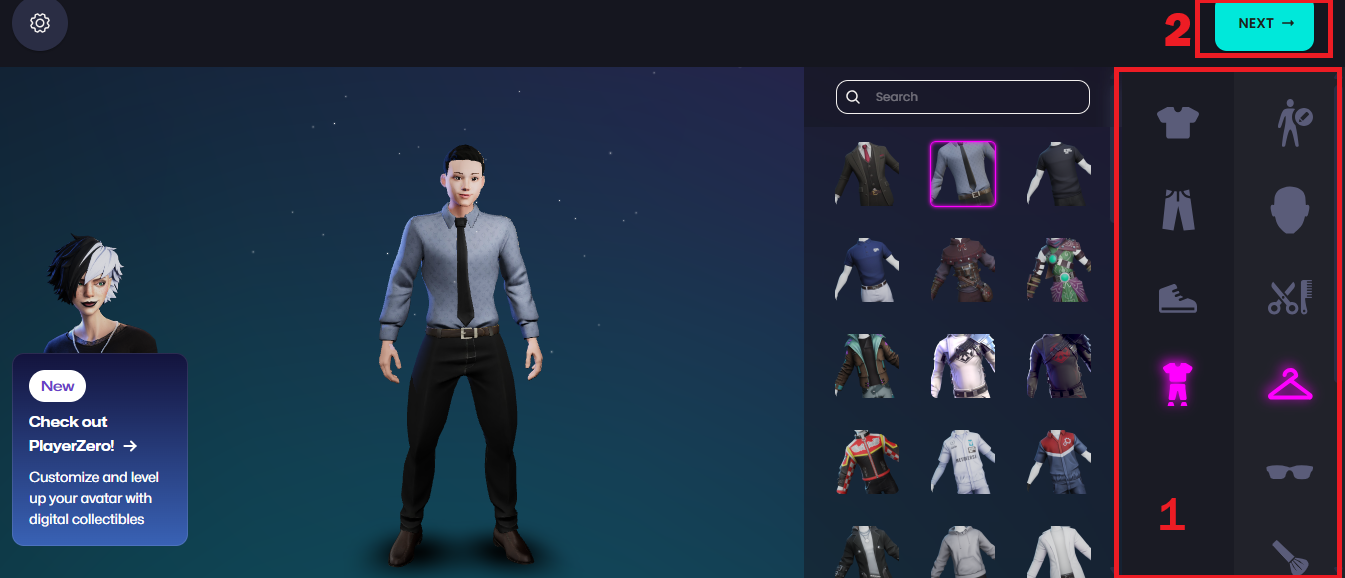 Ready Player Me avatar customization screen showing body and clothing options.