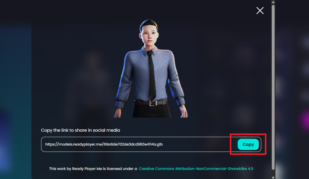 Ready Player Me export dialog showing the GLB file URL and a Copy button.