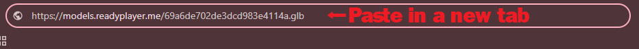 Browser address bar with the Ready Player Me GLB URL pasted in.