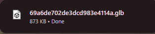 Downloaded GLB file shown in the browser download bar.