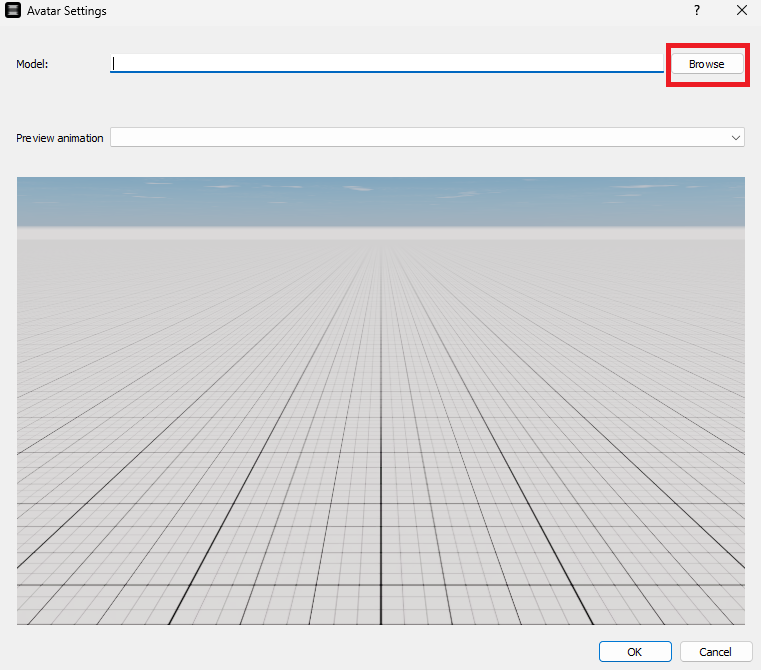 Avatar Settings dialog in the Substrata client with an empty model field and the Browse button highlighted.