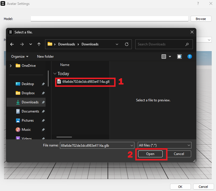 File picker dialog showing a GLB avatar file selected in the Downloads folder, with the Open button highlighted.