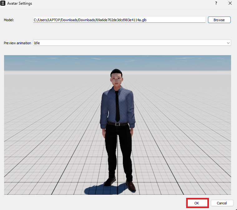 Avatar Settings dialog showing the newly loaded custom avatar standing in the 3D preview.